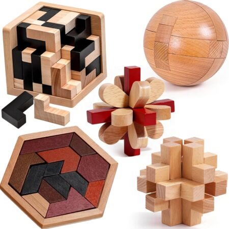 5PCS Wooden Puzzles for Adults & Kids Brain Teaser IQ Puzzle Set, Educational Logic Games & STEM Mind Challenge