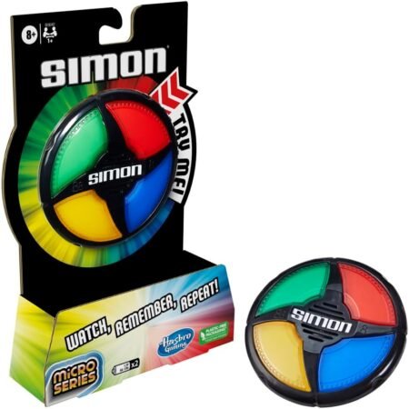 Hasbro Gaming Simon Micro Series Electronic Game – Classic Memory Pattern Game, Compact Portable Party Game for Kids Ages 8+, 1+ Players, Multi-Color