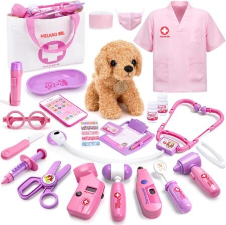 Meland Toy Doctor Kit for Kids – Pretend Play Doctor Set with Dog, Stethoscope, Dress-Up Costume & Carrying Bag for Toddlers Ages 3–6